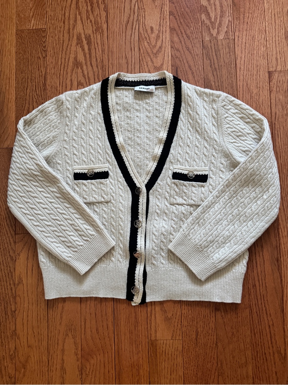 Sandro Paris Wool Cashmere Cable Knit Cardigan Contrast Trim Cream Size 1 / S